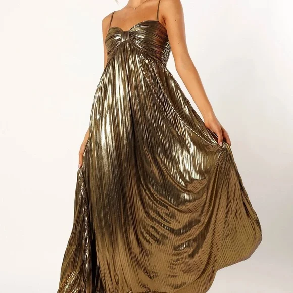 NWT Flying Tomato Metallic Gold Pleated Maxi Dress with Spaghetti Straps - Picture 1 of 6